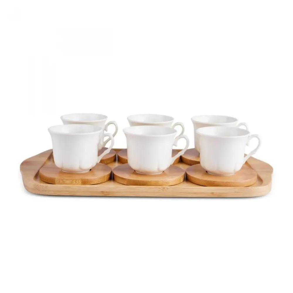 Karaca Bambus-Tablett 6-Personen-Kaffeetassen-Set, 90 ml Weıß01