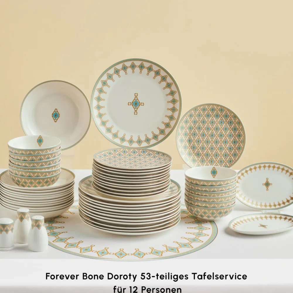 Karaca Forever Bone Dorothy, 53-teiliges Tafelservice für 12 Personen Gold Best