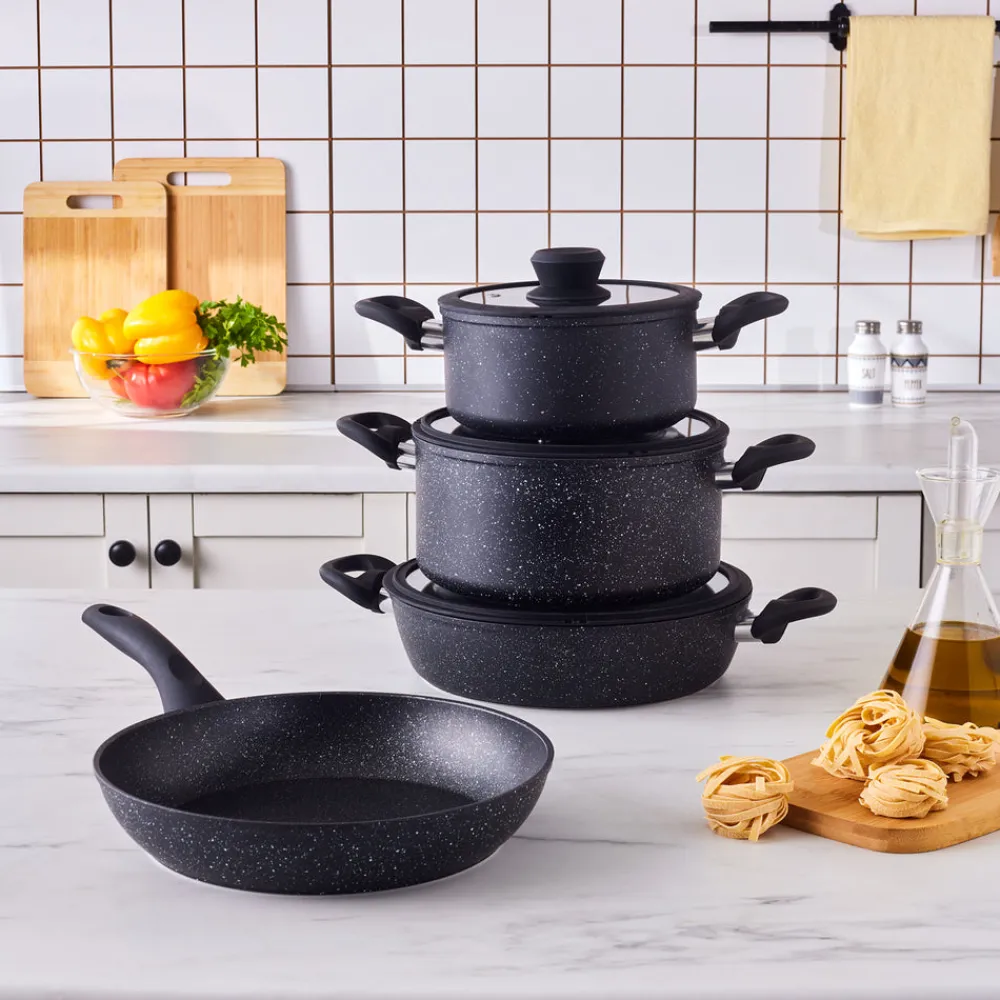 Karaca Nebula, Granit 7-teiliges Kochgeschirr-Set, Induktion, Schwarz Black