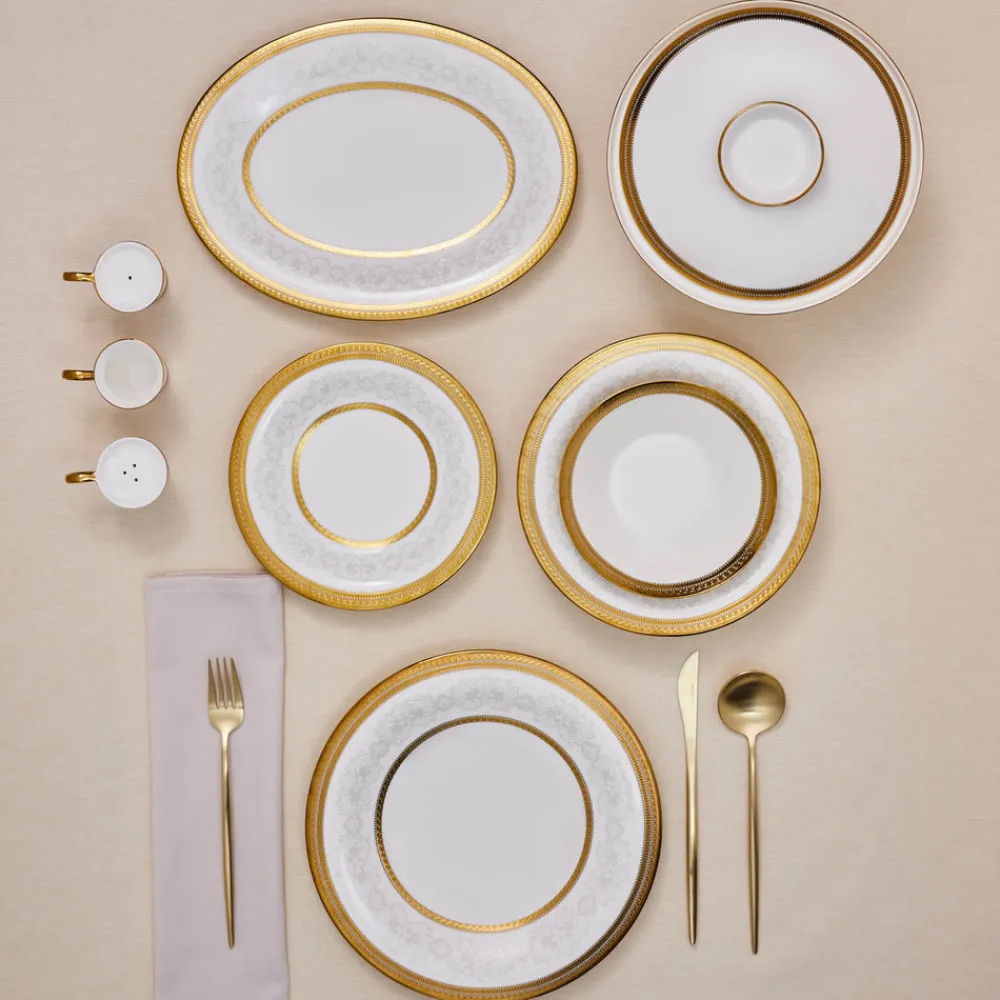 Karaca Royal Bone China Charlotte 55-teiliges Tafelservice für 12 Personen, Gold Hot