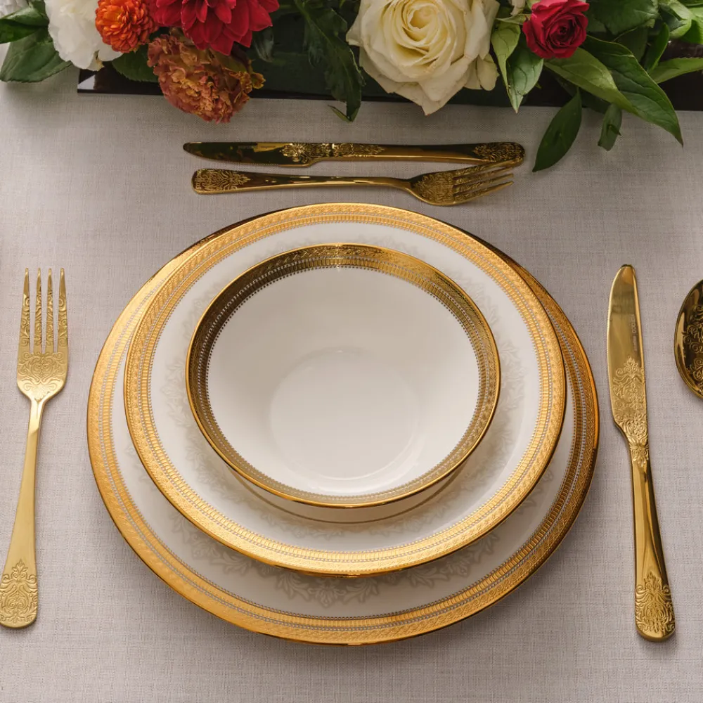 Karaca Royal Bone China Charlotte 55-teiliges Tafelservice für 12 Personen, Gold Hot