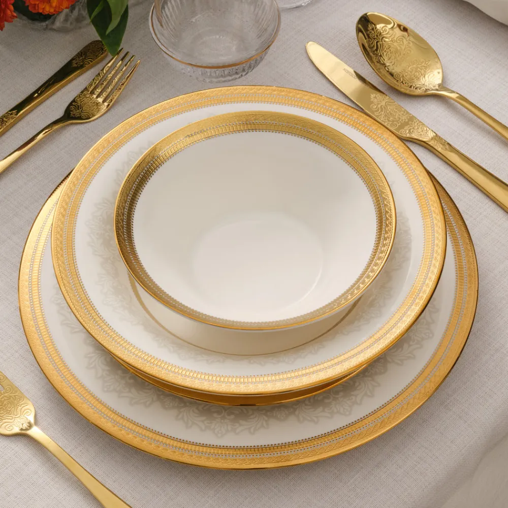 Karaca Royal Bone China Charlotte 55-teiliges Tafelservice für 12 Personen, Gold Hot