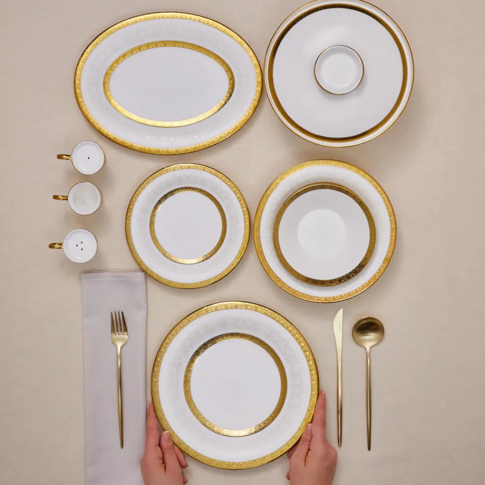 Karaca Royal Bone China Victoria 55-teiliges Tafelservice für 12 Personen, Gold